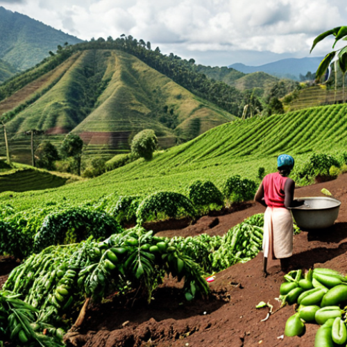 "Lush green coffee plantation in the Kivu region of Congo, showcasing the volcanic soil and mountainous terrain. Coffee cherries are visible on the branches, with farmers selectively hand-picking the ripe beans. In the background, a washing station processes the harvested coffee, highlighting the washed process."
