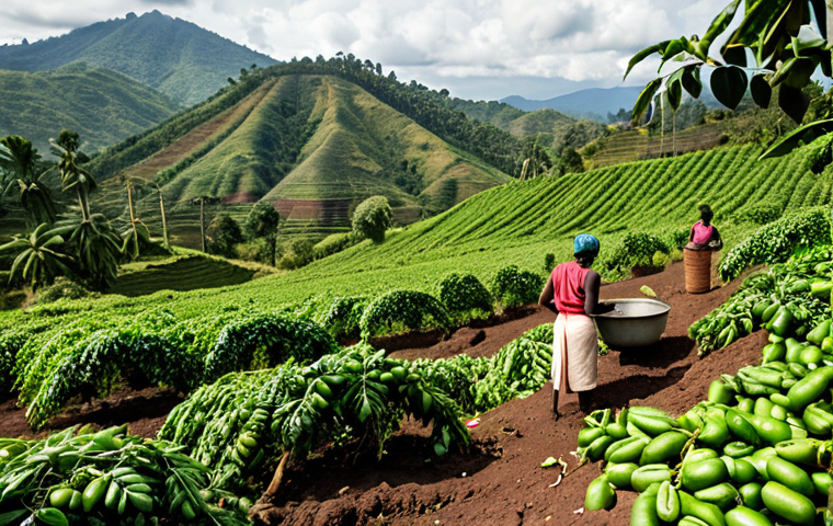 "Lush green coffee plantation in the Kivu region of Congo, showcasing the volcanic soil and mountainous terrain. Coffee cherries are visible on the branches, with farmers selectively hand-picking the ripe beans. In the background, a washing station processes the harvested coffee, highlighting the washed process."