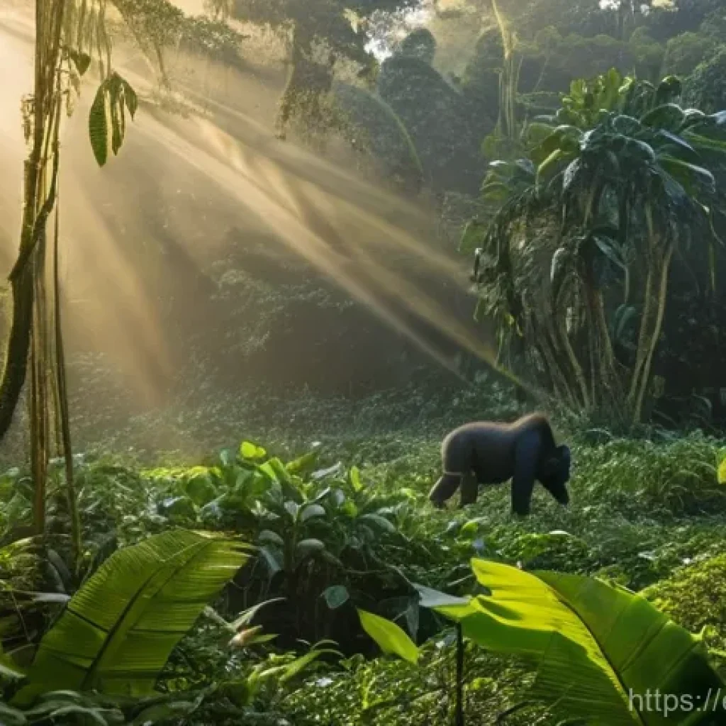 북부 콩고의 비밀스러운 정글 - **Prompt:** A breathtaking, vibrant wide shot of the pristine Congo rainforest at sunrise, bathed in...