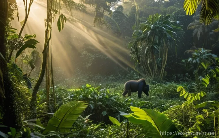 북부 콩고의 비밀스러운 정글 - **Prompt:** A breathtaking, vibrant wide shot of the pristine Congo rainforest at sunrise, bathed in...