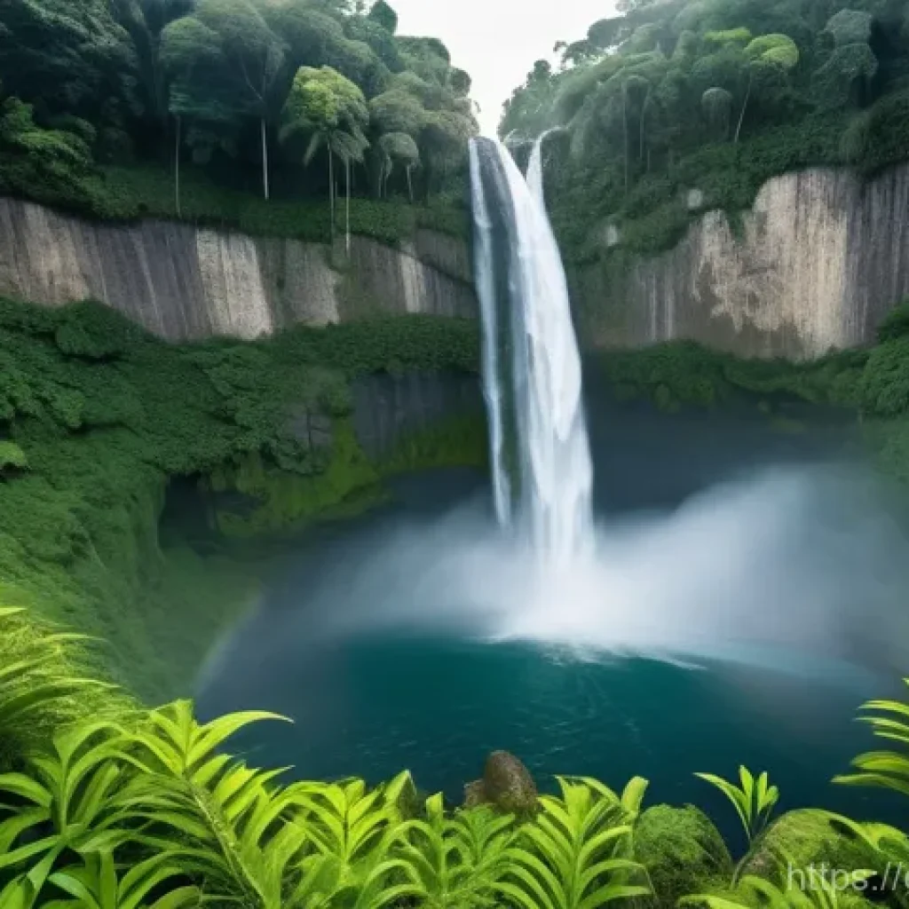 콩고 민주 공화국의 숨겨진 폭포들 - **"A breathtaking, wide-angle shot of the Mutwanga Waterfalls located deep within the lush Virunga j...