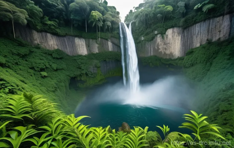 콩고 민주 공화국의 숨겨진 폭포들 - **"A breathtaking, wide-angle shot of the Mutwanga Waterfalls located deep within the lush Virunga j...