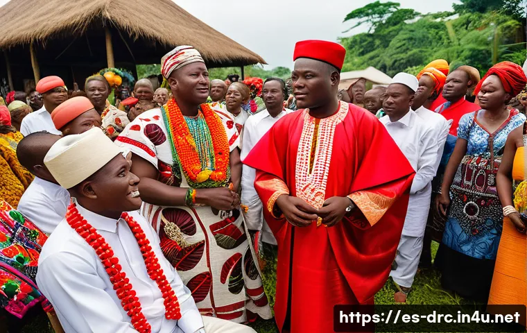 콩고 부족 간 결혼 문화 - A vibrant Congolese wedding ceremony scene set outdoors in a lush village environment, featuring a l...