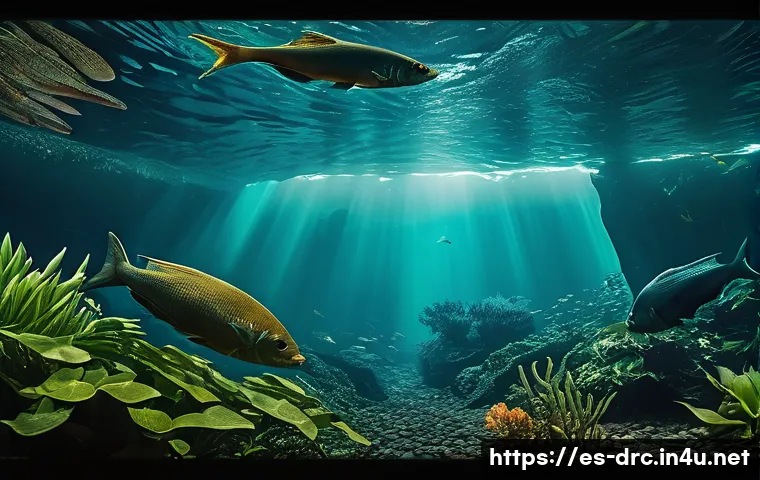 콩고강 수생 생물 다양성 - A vibrant underwater scene of the Congo River showcasing the giant catfish (Bagrus docmak) and the e...