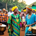 콩고 마을축제 일정과 여행 - A vibrant traditional Congolese village festival scene at sunset, with local musicians playing tam-t...