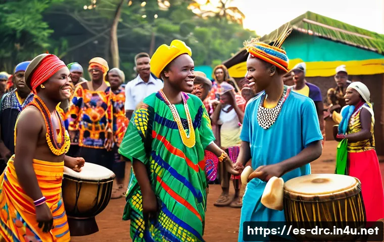 콩고 마을축제 일정과 여행 - A vibrant traditional Congolese village festival scene at sunset, with local musicians playing tam-t...