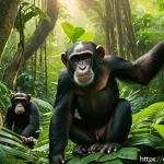 마이코 국립공원의 동물 생태 탐구 - A detailed, vibrant scene of the Maiko National Park dense tropical rainforest at dawn, featuring a ...