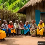 콩고 문학 작가와 대표작 - A vibrant scene of a Congolese storyteller in a traditional village setting, surrounded by attentive...