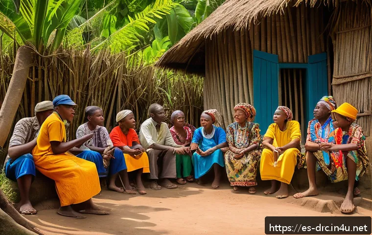 콩고 문학 작가와 대표작 - A vibrant scene of a Congolese storyteller in a traditional village setting, surrounded by attentive...