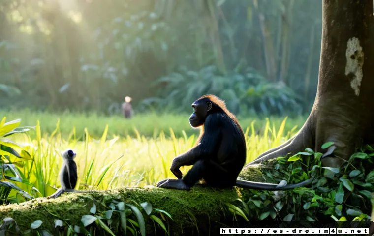 콩고 내 멸종 위기 동물 보호 현황 - Photorealistic conservation scene in the Congo Basin rainforest, a bonobo family resting peacefully ...