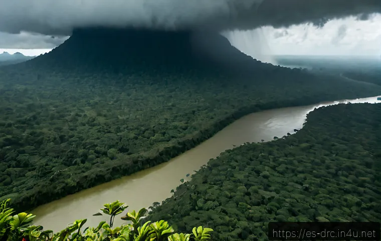 Home 17 콩고의 주요 기후와 날씨 변화 - Photorealistic wide landscape of the Congo Basin rainforest during the rainy season, dense emerald c...