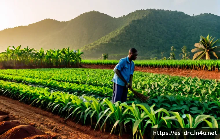 콩고 농업과 주요 작물 - Photorealistic wide view of a Congolese smallholder farm at sunrise, a farmer in practical work clot...